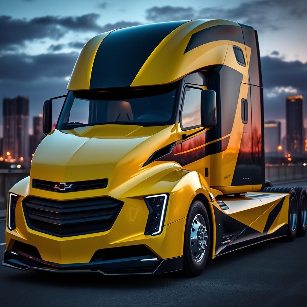 A cutting-edge semi-truck with a design inspired by the Chevrolet Camaro, featuring a muscular body with sharp angles and an aggressive front fascia