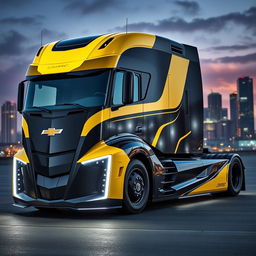 A cutting-edge semi-truck with a design inspired by the Chevrolet Camaro, featuring a muscular body with sharp angles and an aggressive front fascia