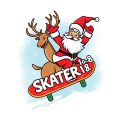 A vibrant and whimsical logo featuring Santa Claus confidently riding a skateboard