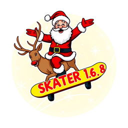 A vibrant and whimsical logo featuring Santa Claus confidently riding a skateboard