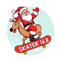 A vibrant and whimsical logo featuring Santa Claus confidently riding a skateboard