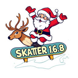 A vibrant and whimsical logo featuring Santa Claus confidently riding a skateboard