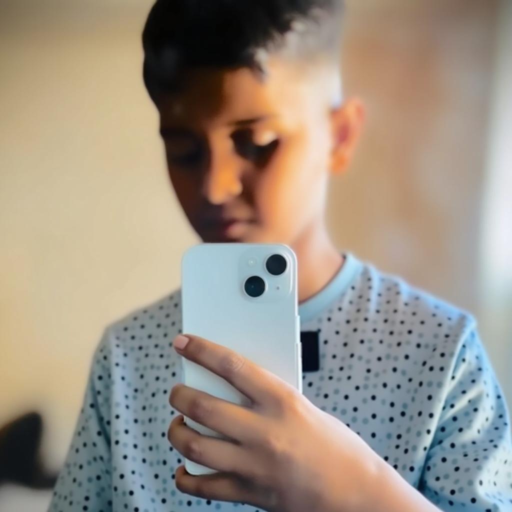 A young boy standing in front of a mirror, taking a selfie