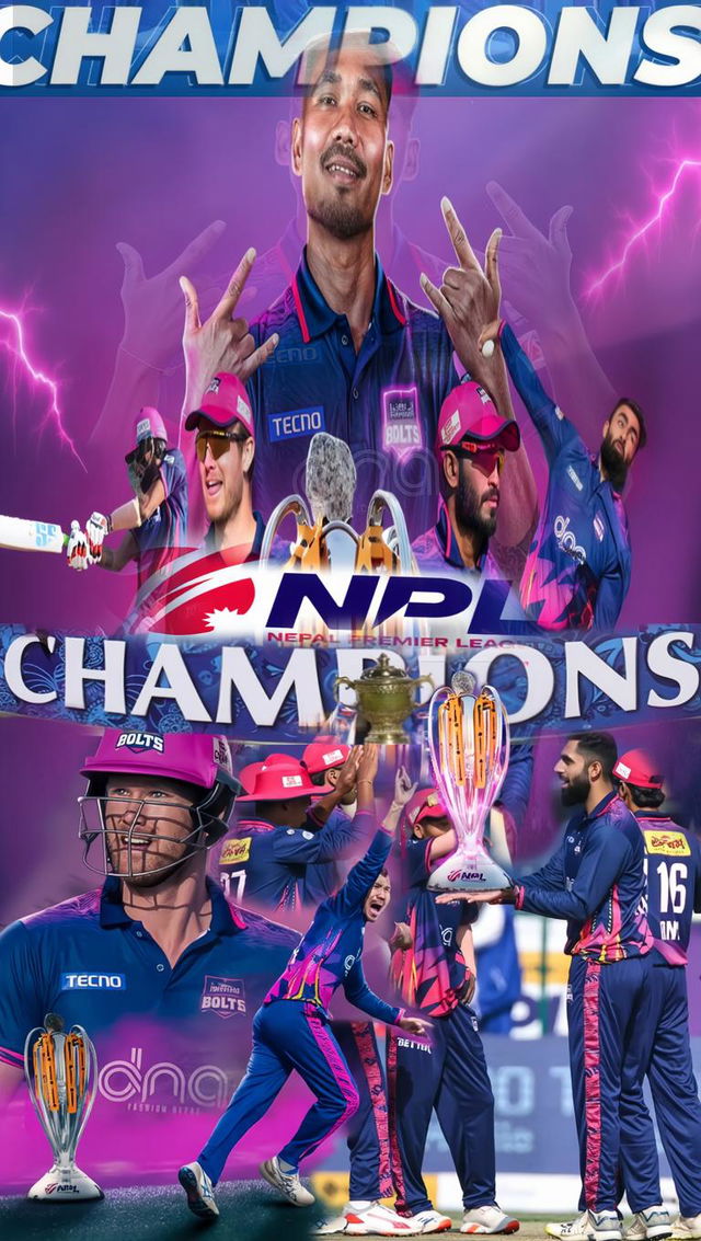 A dynamic collage celebrating a cricket championship, featuring a confident cricketer in a vibrant uniform showing a victory sign, surrounded by teammates in action poses