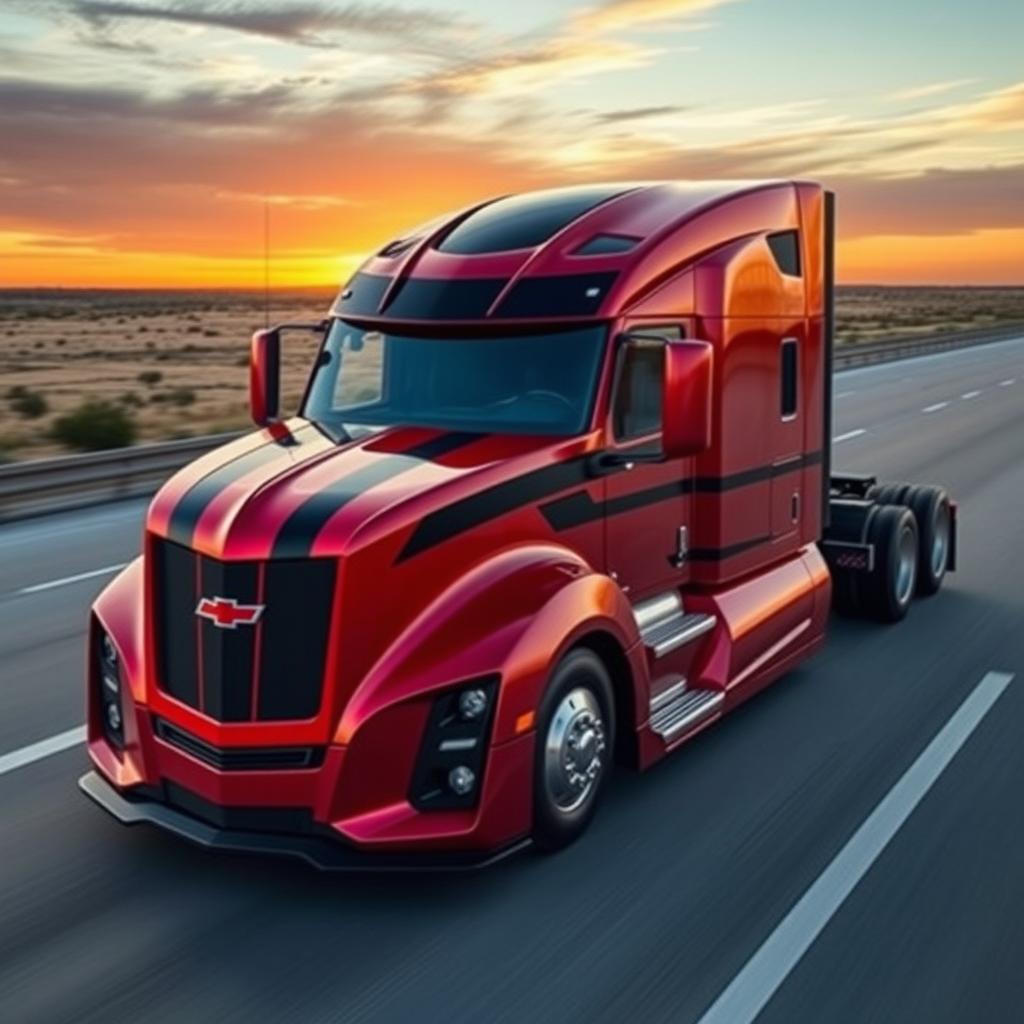 A state-of-the-art semi-truck that embodies the fierce design elements of the Chevrolet Camaro, featuring a bold, muscular silhouette with sharp contours and an aggressive front end