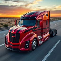 A state-of-the-art semi-truck that embodies the fierce design elements of the Chevrolet Camaro, featuring a bold, muscular silhouette with sharp contours and an aggressive front end