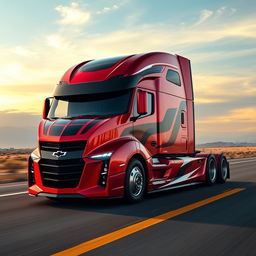 A state-of-the-art semi-truck that embodies the fierce design elements of the Chevrolet Camaro, featuring a bold, muscular silhouette with sharp contours and an aggressive front end