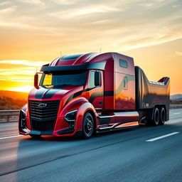 A state-of-the-art semi-truck that embodies the fierce design elements of the Chevrolet Camaro, featuring a bold, muscular silhouette with sharp contours and an aggressive front end