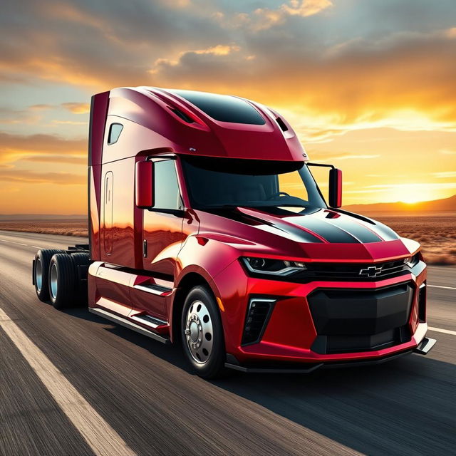 A state-of-the-art semi-truck that embodies the fierce design elements of the Chevrolet Camaro, featuring a bold, muscular silhouette with sharp contours and an aggressive front end