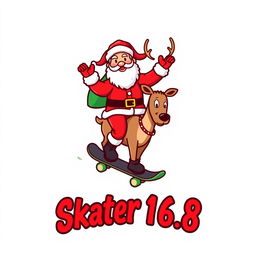 A playful and festive logo design featuring Santa Claus riding a skateboard while sitting on a reindeer