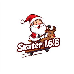 A playful and festive logo design featuring Santa Claus riding a skateboard while sitting on a reindeer