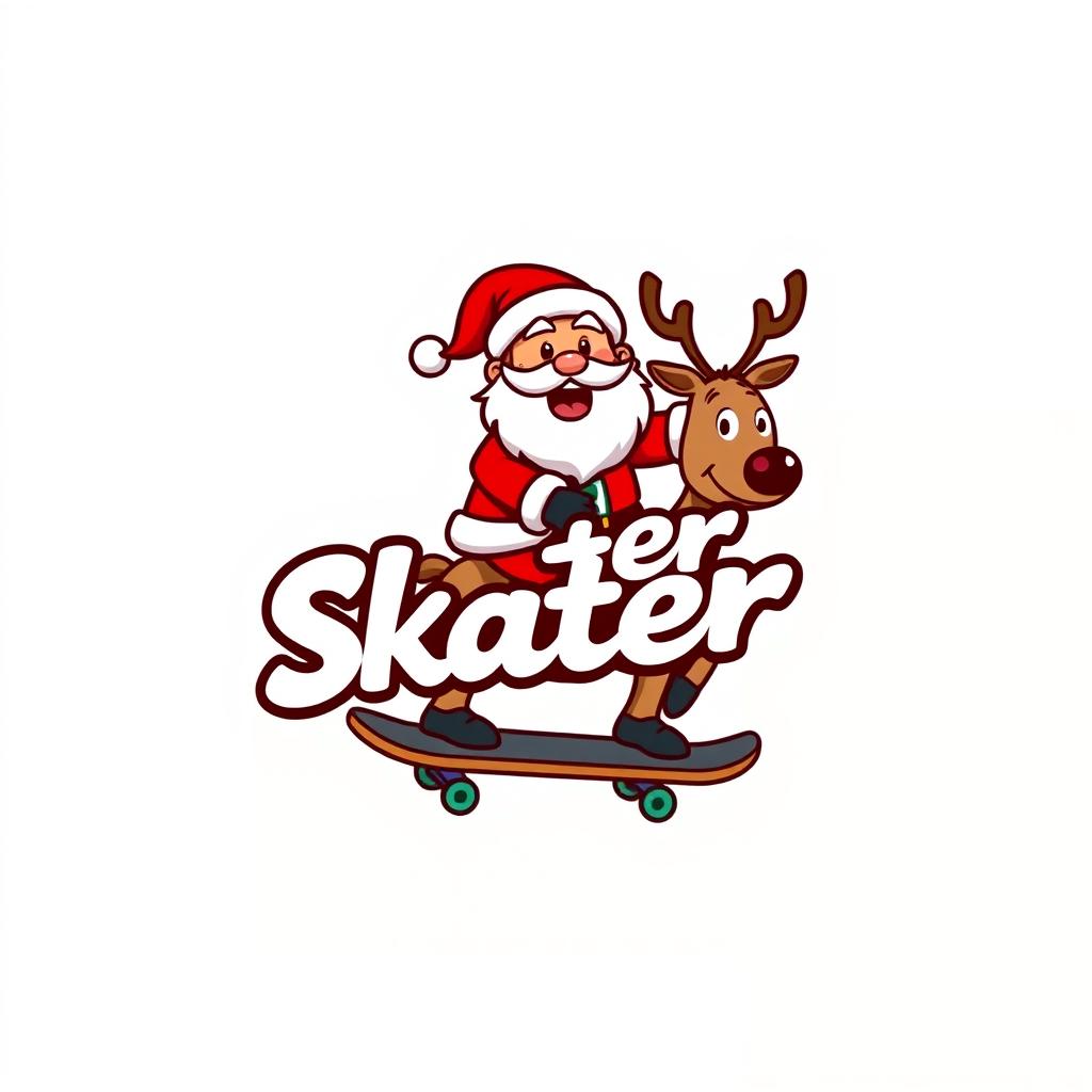 A playful and festive logo design featuring Santa Claus riding a skateboard while sitting on a reindeer