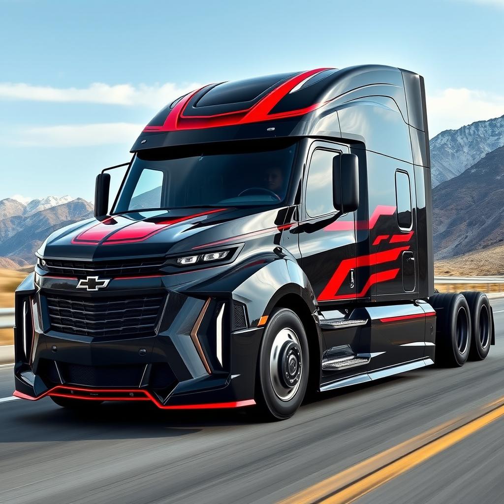 A revolutionary semi-truck inspired by the Chevrolet Camaro, featuring a striking design with aggressive curves and sharp lines