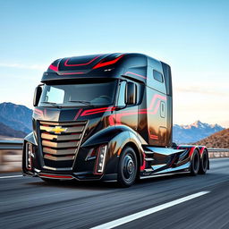 A revolutionary semi-truck inspired by the Chevrolet Camaro, featuring a striking design with aggressive curves and sharp lines