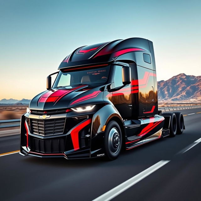 A revolutionary semi-truck inspired by the Chevrolet Camaro, featuring a striking design with aggressive curves and sharp lines