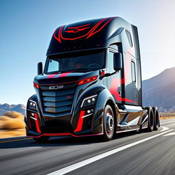 A revolutionary semi-truck inspired by the Chevrolet Camaro, featuring a striking design with aggressive curves and sharp lines