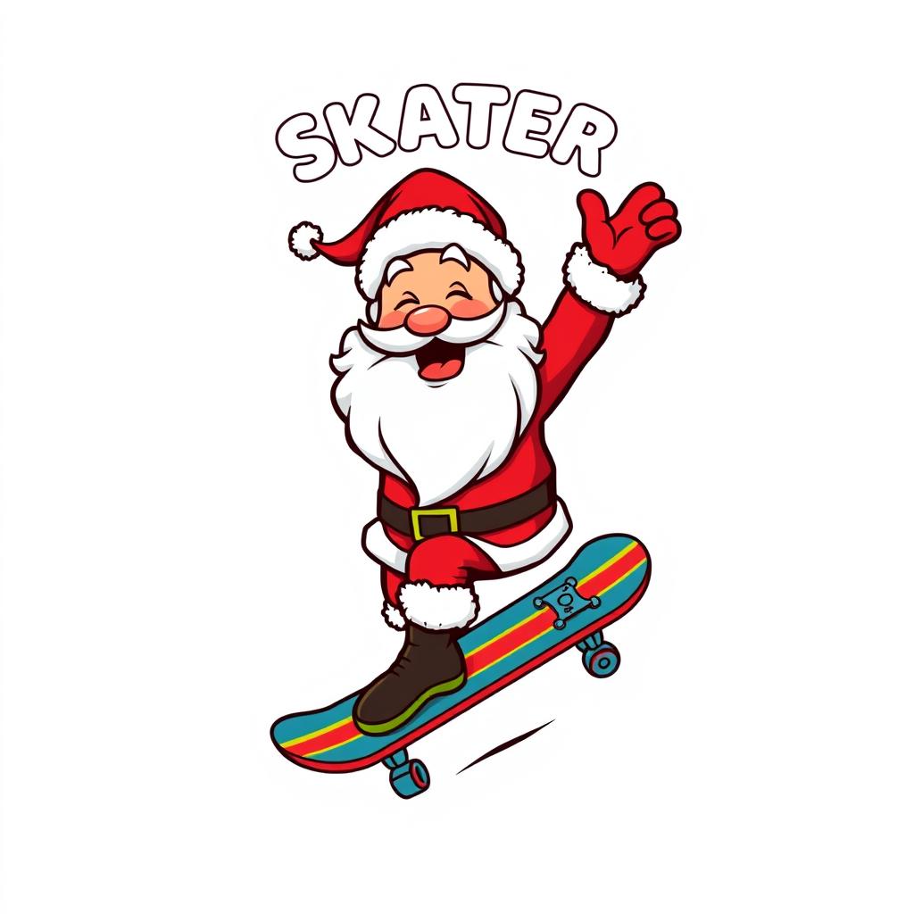 A vibrant, fun logo featuring Santa Claus joyfully riding a skateboard