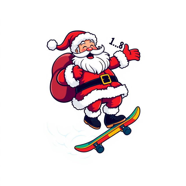 A vibrant, fun logo featuring Santa Claus joyfully riding a skateboard