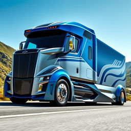 A futuristic semi-truck designed with elements reminiscent of the Chevrolet Camaro, showcasing a bold and aerodynamic structure with sharp lines and a pronounced front grille