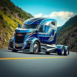 A futuristic semi-truck designed with elements reminiscent of the Chevrolet Camaro, showcasing a bold and aerodynamic structure with sharp lines and a pronounced front grille