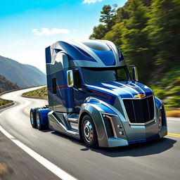 A futuristic semi-truck designed with elements reminiscent of the Chevrolet Camaro, showcasing a bold and aerodynamic structure with sharp lines and a pronounced front grille