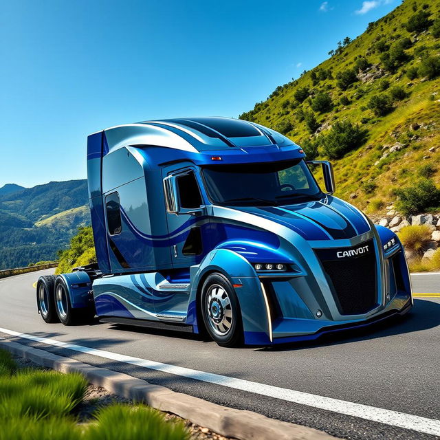 A futuristic semi-truck designed with elements reminiscent of the Chevrolet Camaro, showcasing a bold and aerodynamic structure with sharp lines and a pronounced front grille