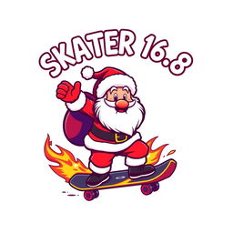 A vibrant and playful logo design featuring Santa Claus riding a skateboard