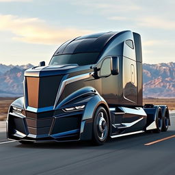 A cutting-edge semi-truck inspired by the Chevrolet Camaro, showcasing a striking design that combines the powerful aesthetics of a sports car with the robust functionality of a truck