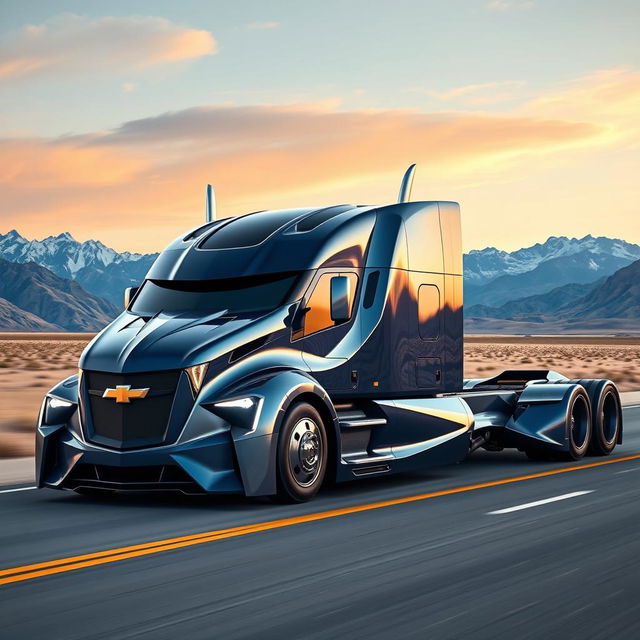 A cutting-edge semi-truck inspired by the Chevrolet Camaro, showcasing a striking design that combines the powerful aesthetics of a sports car with the robust functionality of a truck