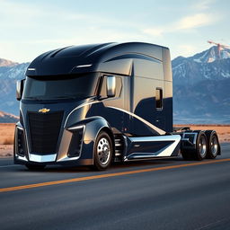 A cutting-edge semi-truck inspired by the Chevrolet Camaro, showcasing a striking design that combines the powerful aesthetics of a sports car with the robust functionality of a truck