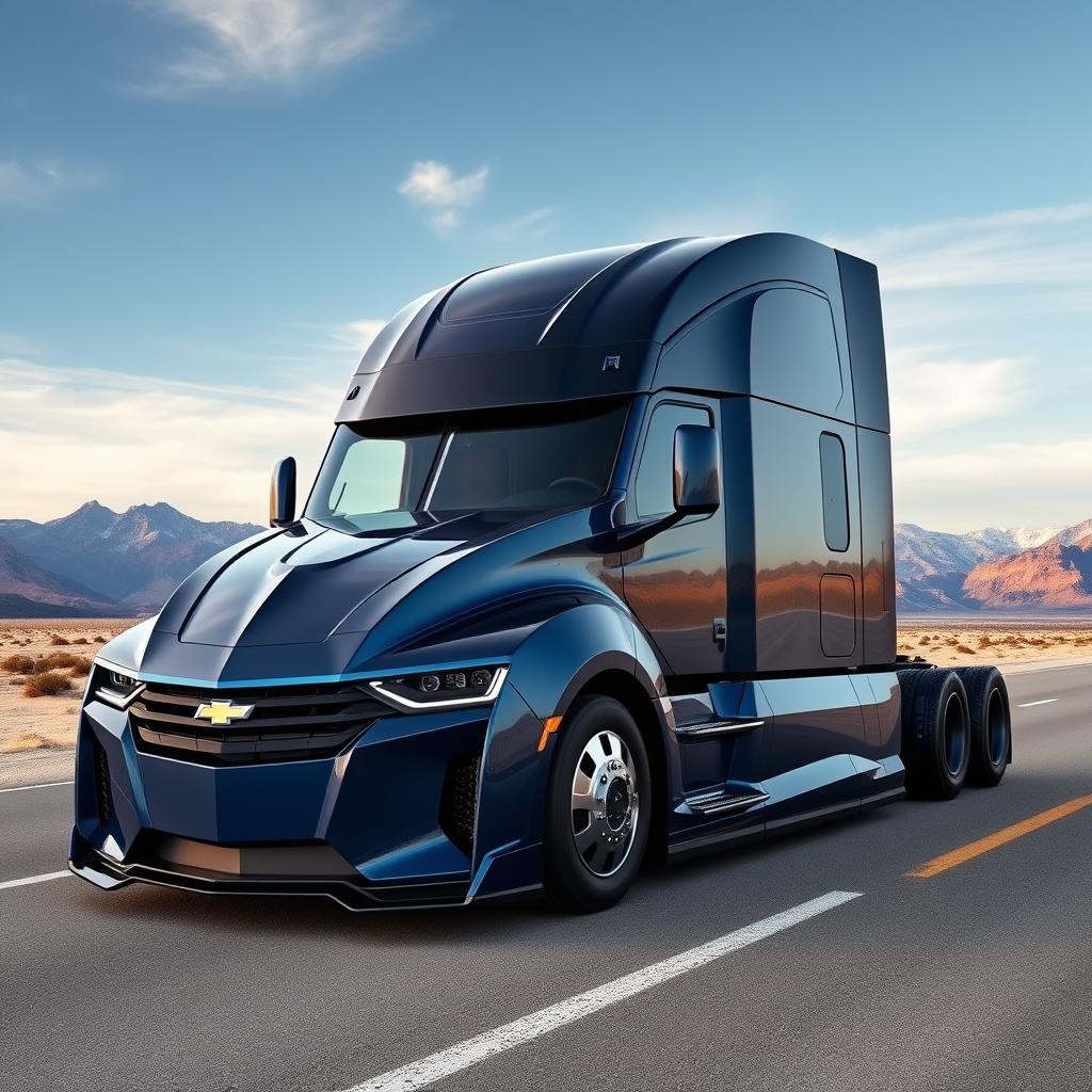 A cutting-edge semi-truck inspired by the Chevrolet Camaro, showcasing a striking design that combines the powerful aesthetics of a sports car with the robust functionality of a truck