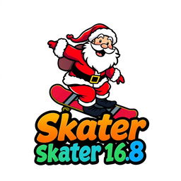 A vibrant and playful logo featuring Santa Claus riding a skateboard