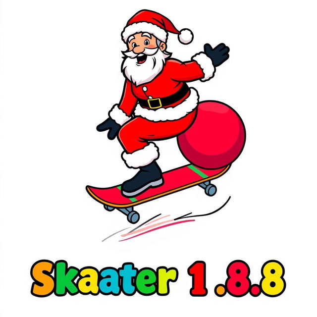 A vibrant and playful logo featuring Santa Claus riding a skateboard