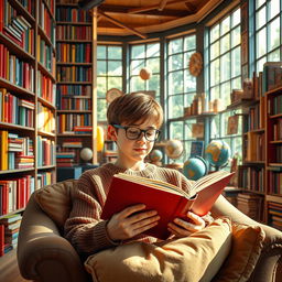 A vibrant scene of a colorful library filled with books of all sizes and genres, where a teenage boy is reading a large book