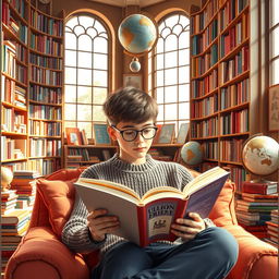 A vibrant scene of a colorful library filled with books of all sizes and genres, where a teenage boy is reading a large book