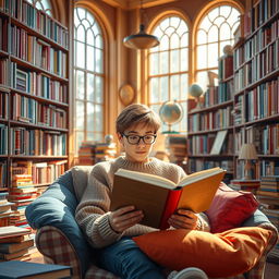A vibrant scene of a colorful library filled with books of all sizes and genres, where a teenage boy is reading a large book