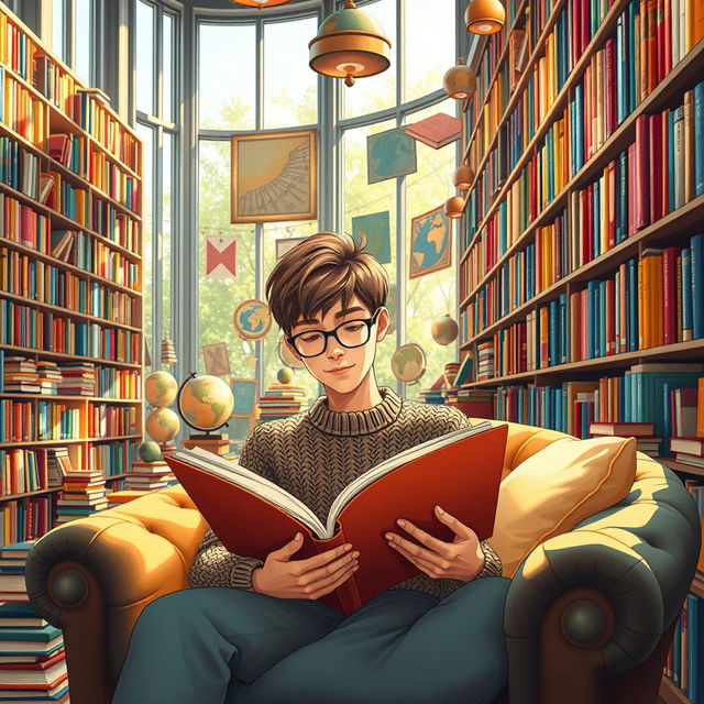 A vibrant scene of a colorful library filled with books of all sizes and genres, where a teenage boy is reading a large book