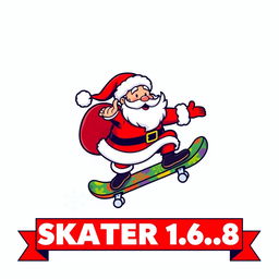 A vibrant and playful logo featuring Santa Claus riding a skateboard