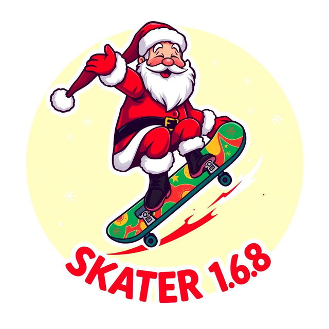 A vibrant and playful logo featuring Santa Claus riding a skateboard