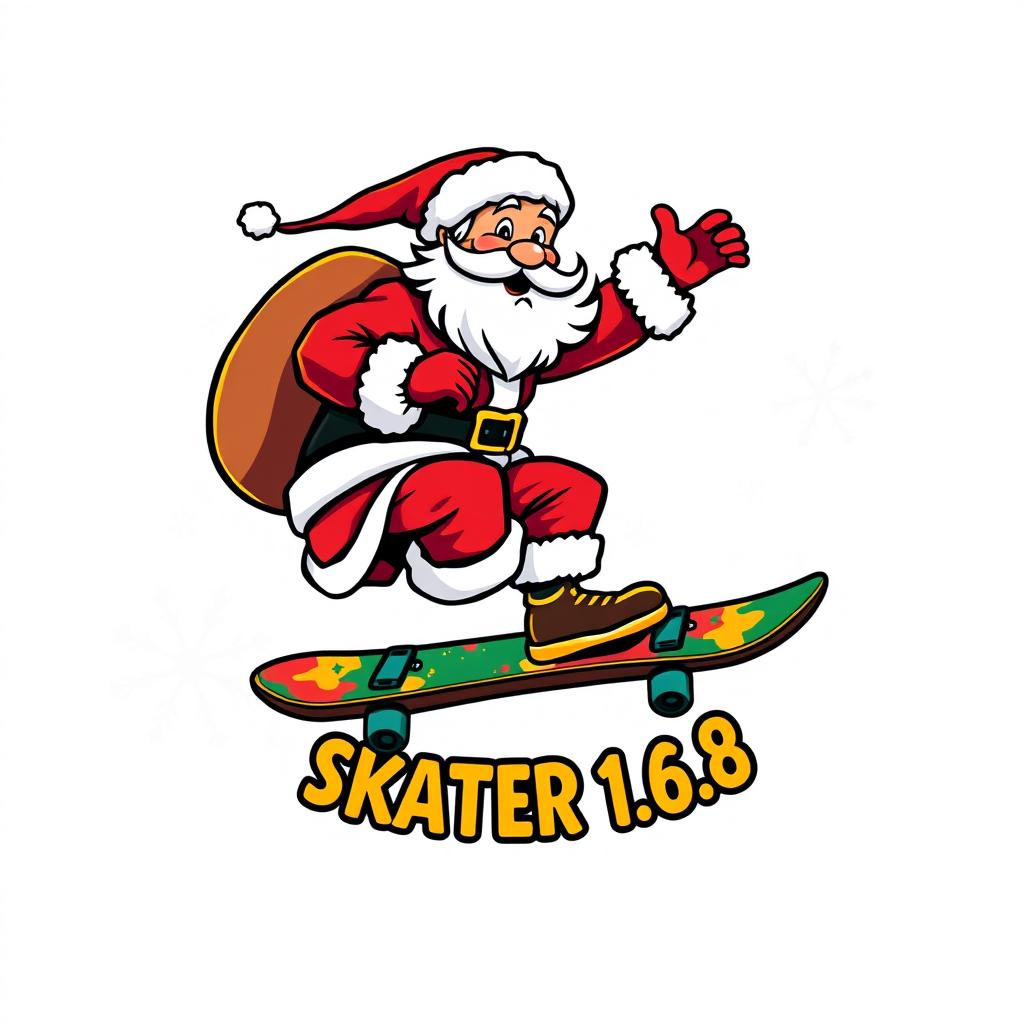 A vibrant and playful logo featuring Santa Claus riding a skateboard