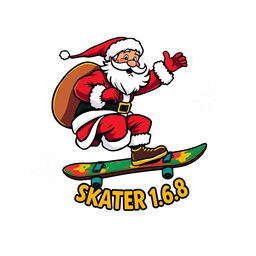 A vibrant and playful logo featuring Santa Claus riding a skateboard