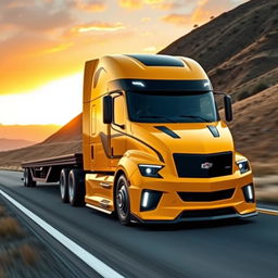 A cutting-edge semi-truck inspired by the bold design of the Camaro, featuring an innovative blend of sporty aesthetics and heavy-duty functionality