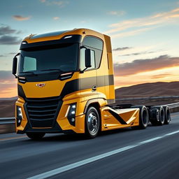 A cutting-edge semi-truck inspired by the bold design of the Camaro, featuring an innovative blend of sporty aesthetics and heavy-duty functionality