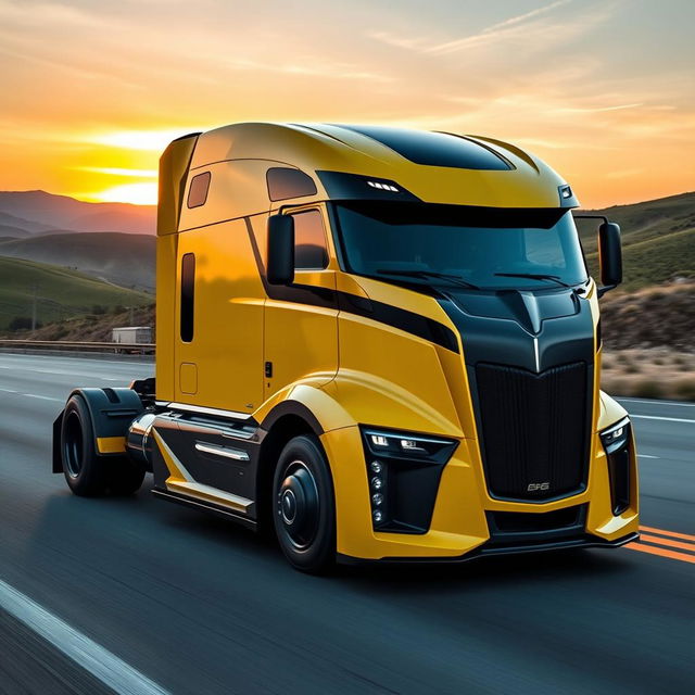 A cutting-edge semi-truck inspired by the bold design of the Camaro, featuring an innovative blend of sporty aesthetics and heavy-duty functionality