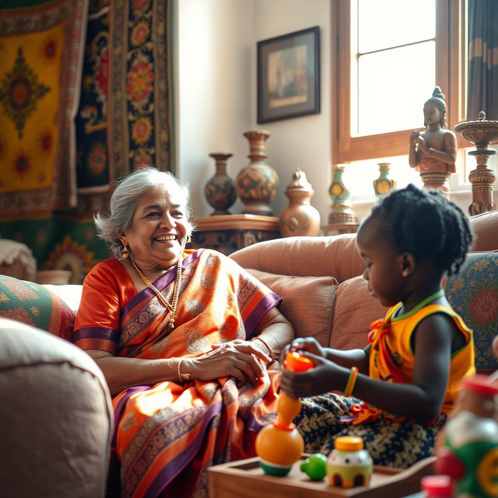 An Indian Granny sitting comfortably in a cozy living room, smiling warmly at an African child who is engaging with her, the room filled with vibrant Indian decor, such as colorful tapestries and traditional artifacts