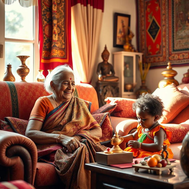 An Indian Granny sitting comfortably in a cozy living room, smiling warmly at an African child who is engaging with her, the room filled with vibrant Indian decor, such as colorful tapestries and traditional artifacts