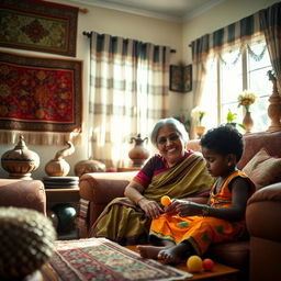 An Indian Granny sitting comfortably in a cozy living room, smiling warmly at an African child who is engaging with her, the room filled with vibrant Indian decor, such as colorful tapestries and traditional artifacts
