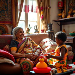 An Indian Granny sitting comfortably in a cozy living room, smiling warmly at an African child who is engaging with her, the room filled with vibrant Indian decor, such as colorful tapestries and traditional artifacts