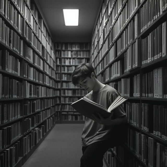 A monochromatic library filled with a vast collection of books, where a teenager is deeply engrossed in reading