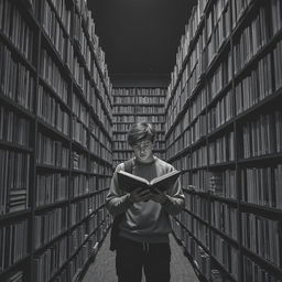 A monochromatic library filled with a vast collection of books, where a teenager is deeply engrossed in reading